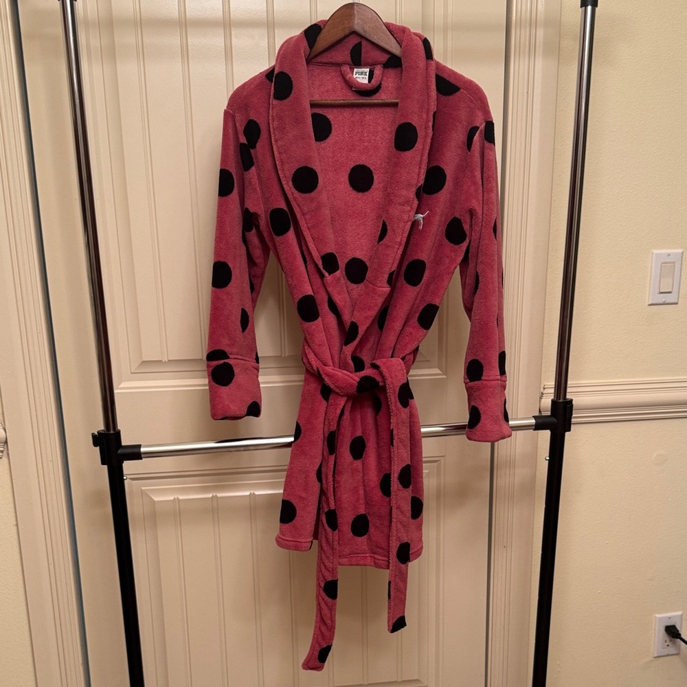Victoria's Secret Pink/Black Polka Dot Plush Robe-Sz XS/S